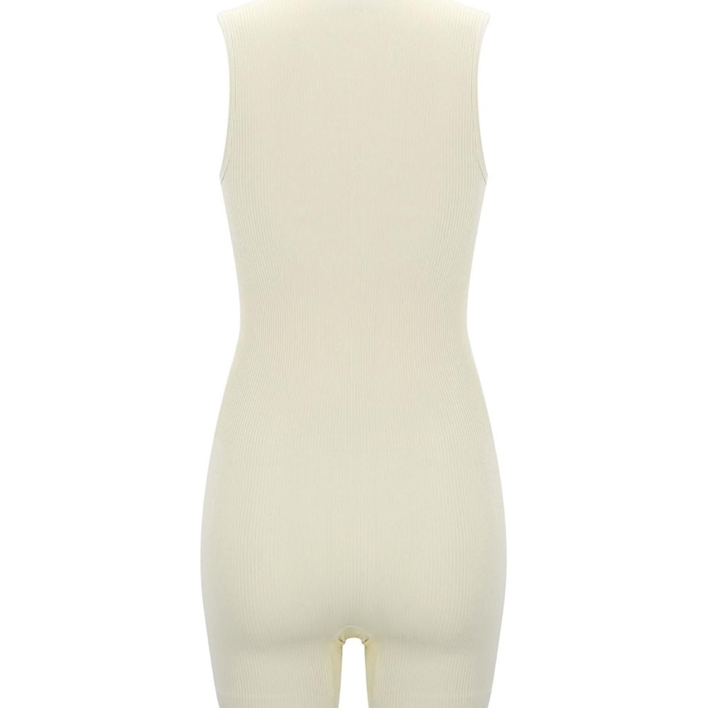 Sleeveless Ribbed Cream Romper Jumpsuit - Picture 3 of 7